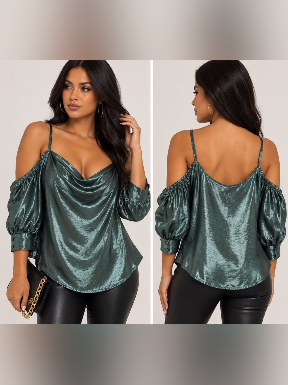 belle sky Shimmery Emerald Green Satin Cowl Cold-Shoulder Camisole